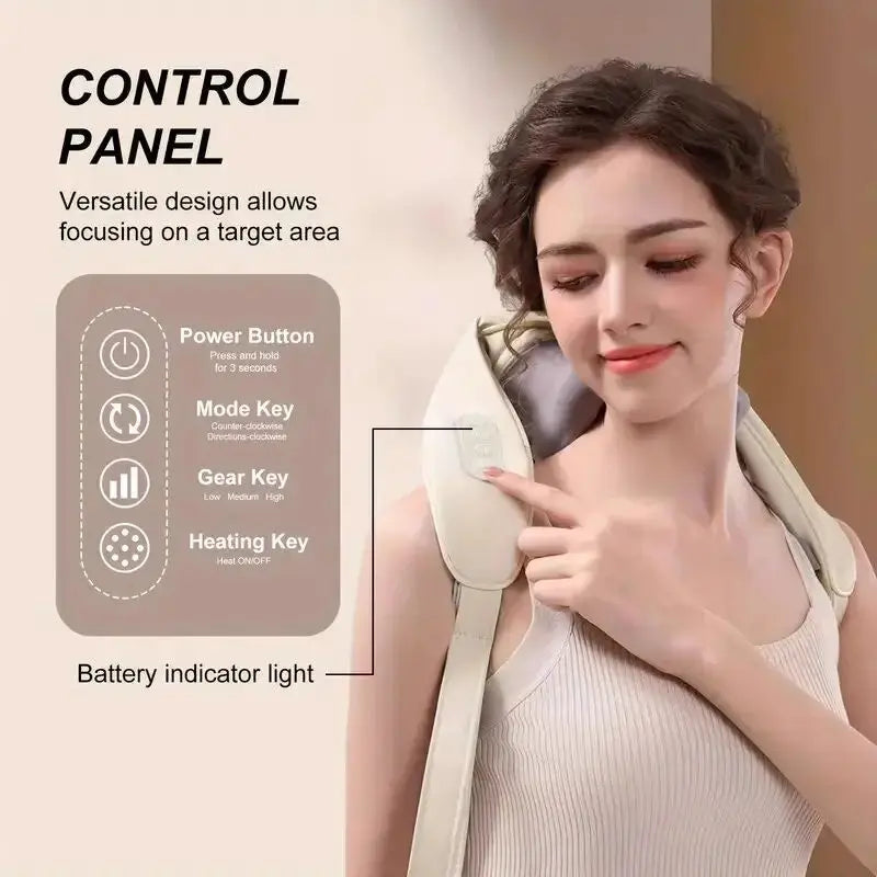Wireless Neck & Shoulder Massager – Bionic Kneading + Low Heat (USB Rechargeable)